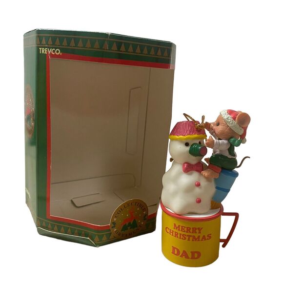 Vintage Trevco Snowman Ornament Climbing Mouse Miniature Merry Christmas Dad Cup - Picture 10 of 10